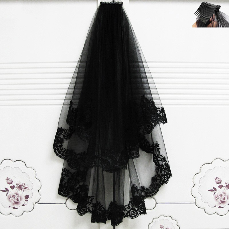 Véu preto de renda retrô de duas camadas gaze gótico cocar de casamento Halloween cos feminino Selfie foto estúdio