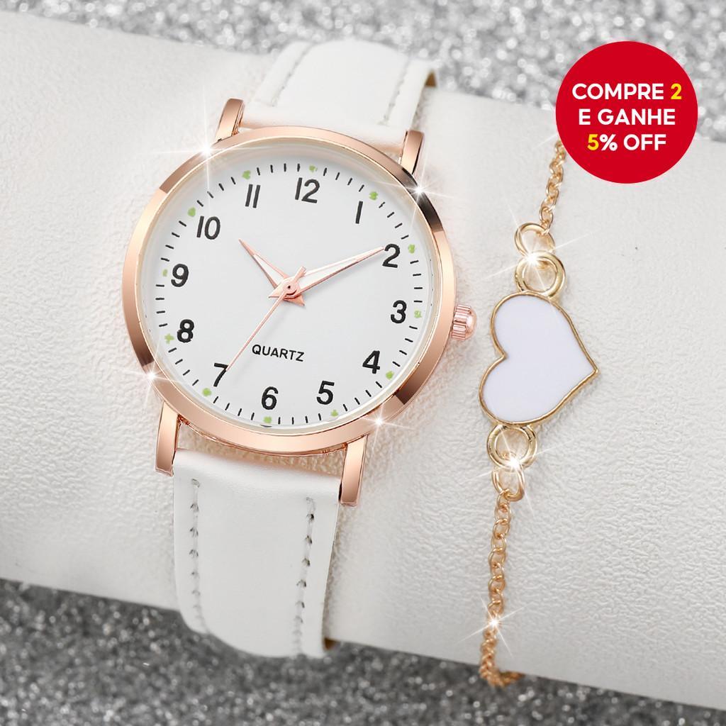 Conjunto Elegante de 2 Peças - Relógio Feminino e Pulseira Coração - Mostrador Árabe em Quartzo com Pulseira de Couro