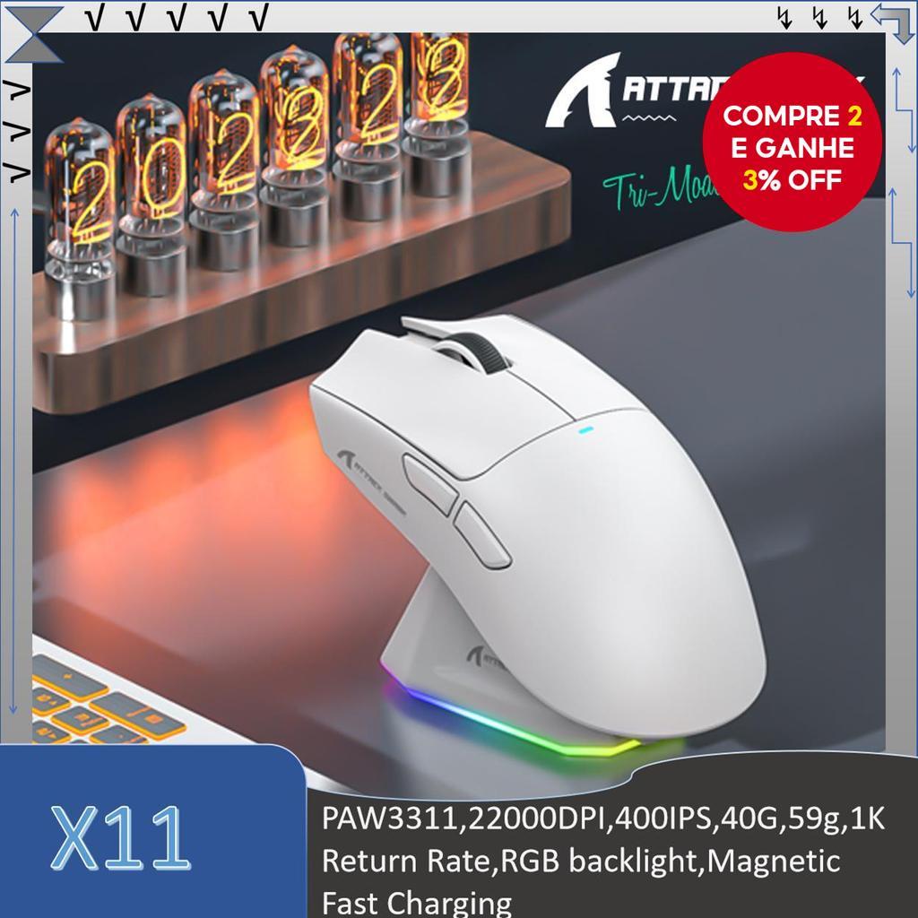 ATTACK SHARK X11 Mouse Gaming Ultraleve de Tripla Conexão, PAW3311, 22000 DPI, 400 IPS, 40 G, 59 g, Taxa de Resposta de