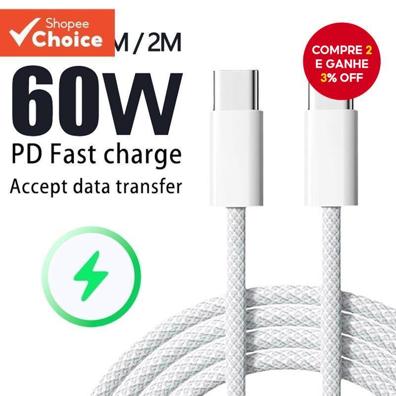 Cabo De Carregamento Trançado Tipo C De 60 W Para iPhone 15 Pro Max Outros Smartphones Em Velocidade Total