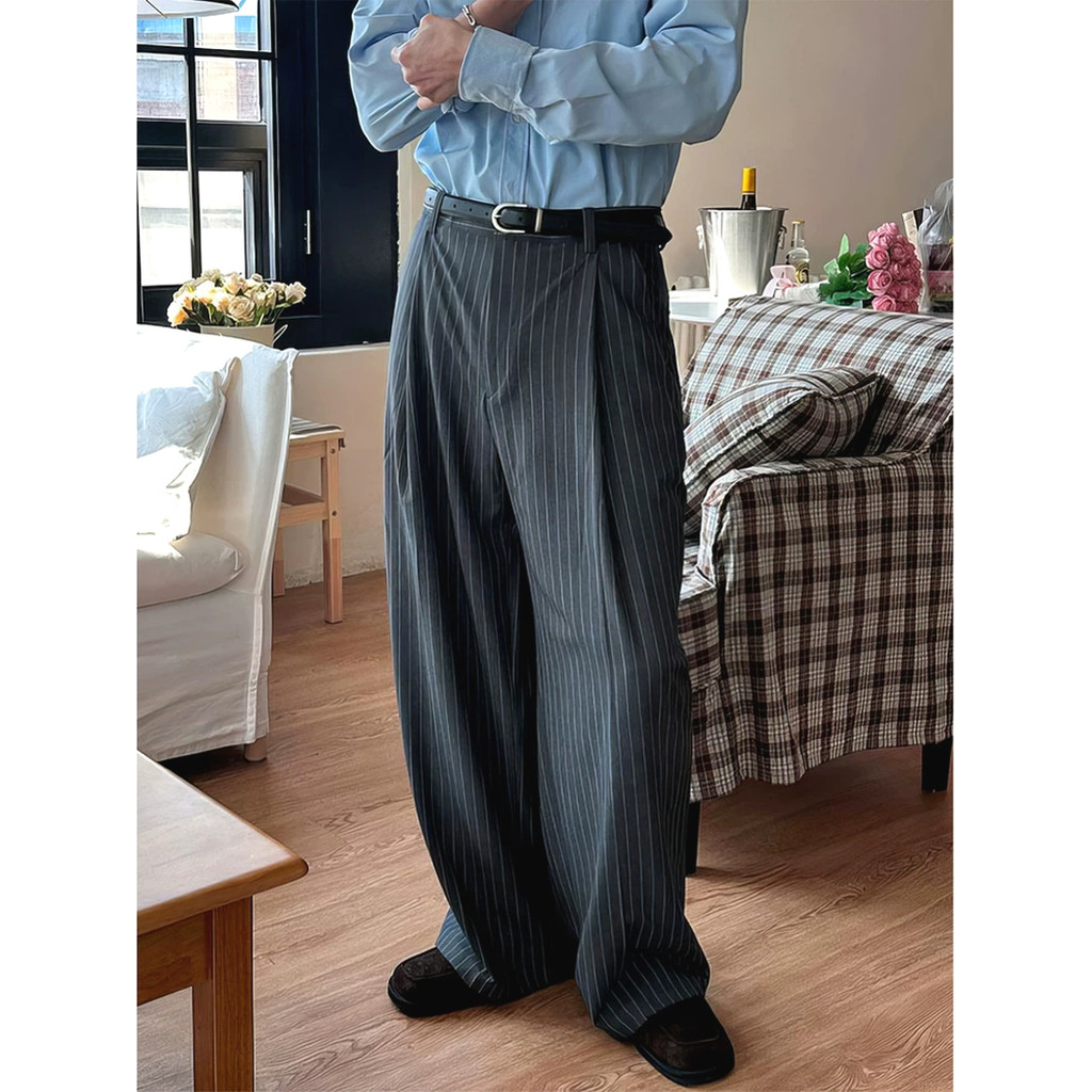 Estilo de dinheiro antigo Retro listrado calças masculinas ferro-livre solto calças retas negócios Casual Commuter Forma