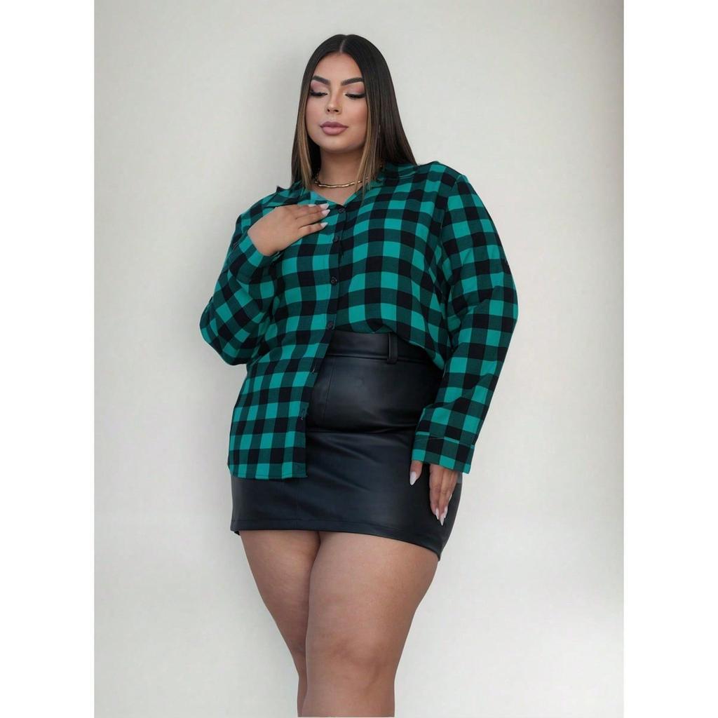 conjunto xadrez plus size Saia couro e camisa manga longa xadrez junina