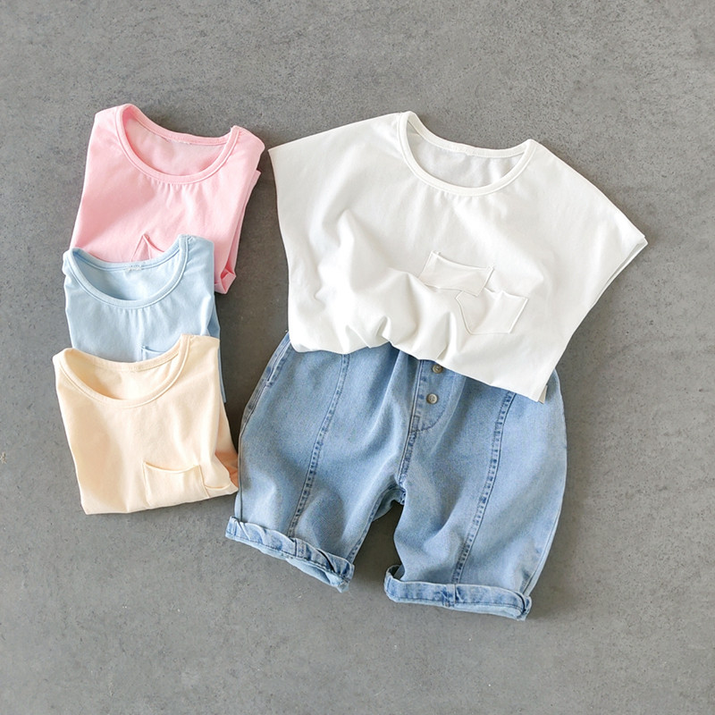 72095 verão fino pequeno t crianças puro algodão camiseta meninos meninas em torno do pescoço cor sólida manga curta top