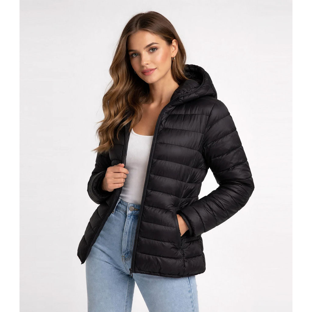 Jaqueta Puffer Feminina Com Capuz Sea Surf Preto