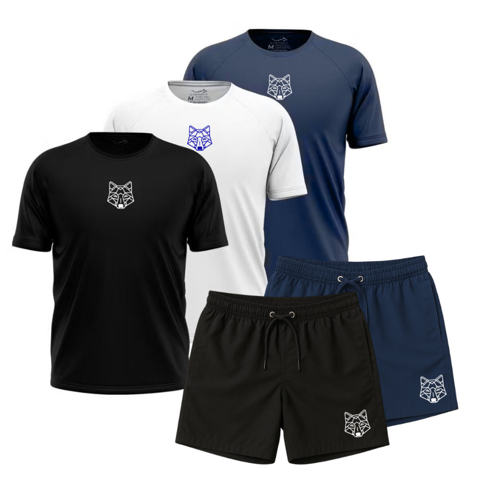 KIT 3 Camiseta + 2 Short Tactel Elastano Bermuda Dry Fit Masculina Alpha Co Lobo Wolf Geometrico Academia Original