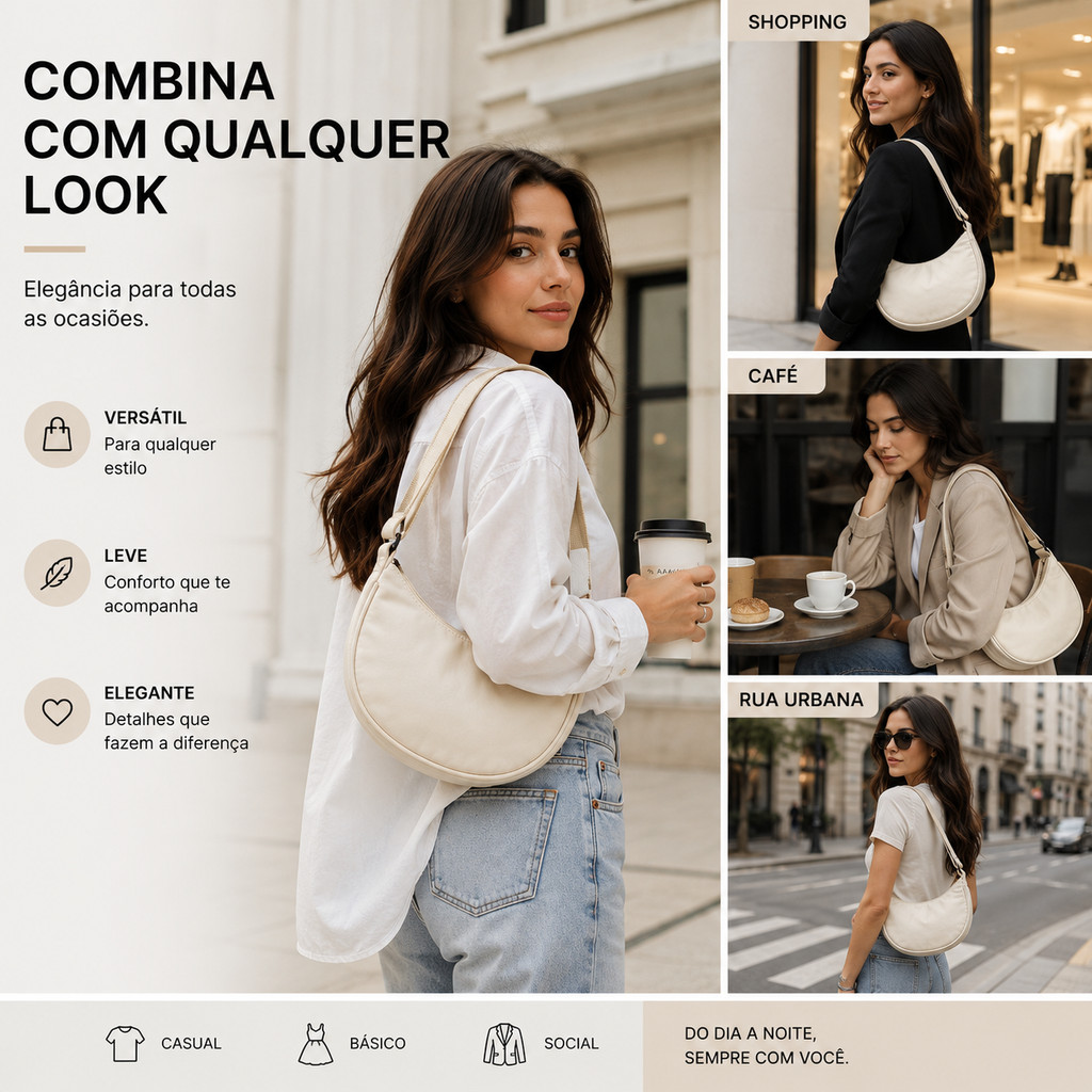 Bolsa Feminina Transversal Meia Lua Casual Chic Elegante para Uso Diário — imagem 2 de 2