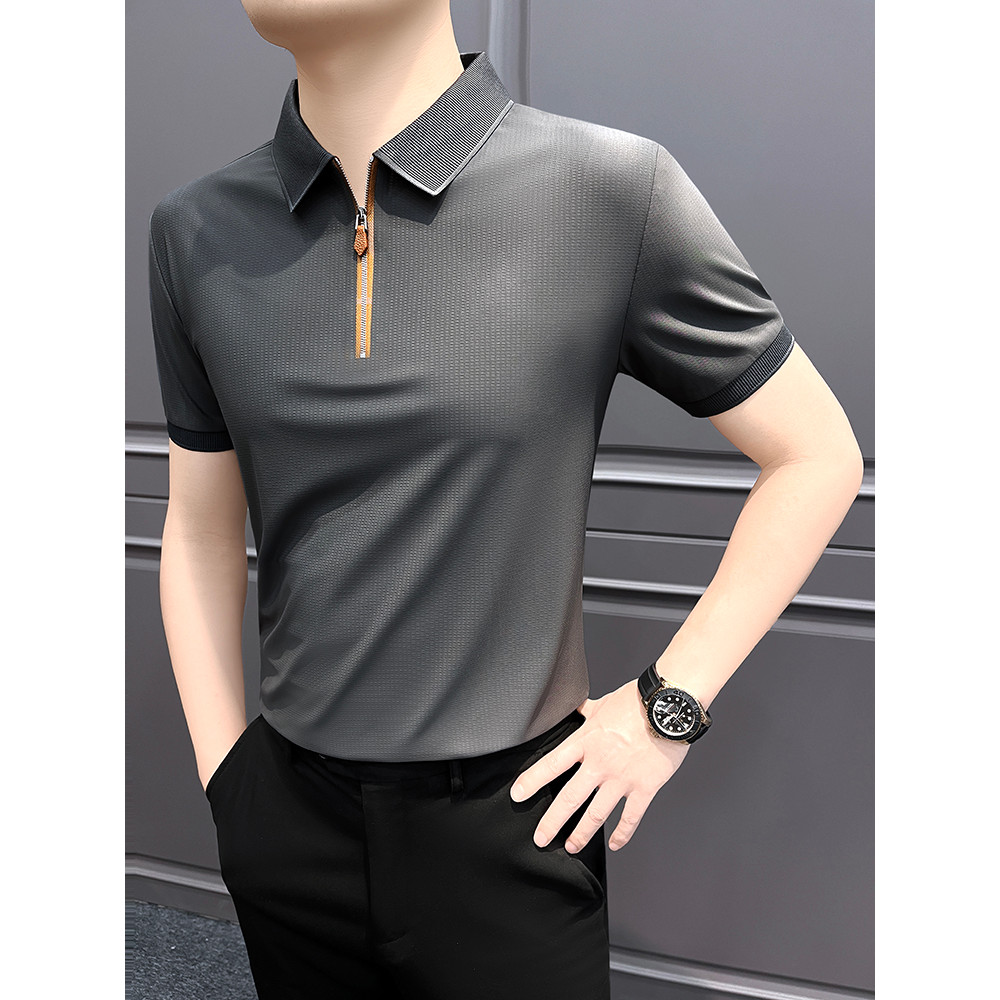 Camisa POLO masculina de manga curta com meio zíper, verão, seda gelada, roupas masculinas 2026, novo estilo, roupa de r