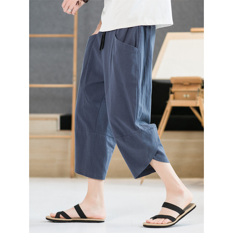 Calças cortadas de linho de algodão dos homens verão estilo fino respirável Shorts cortados exterior Wear solto perna la