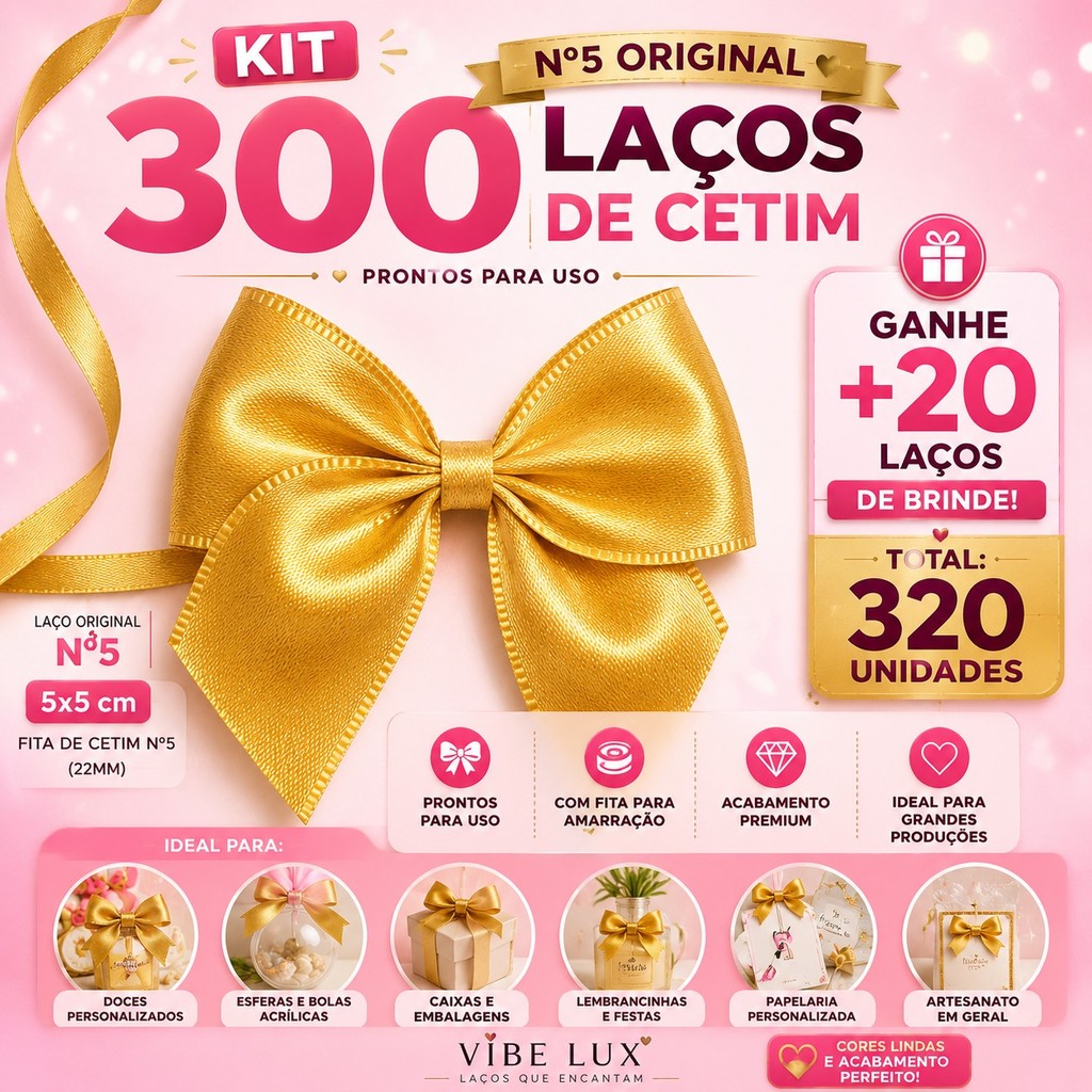 Kit 300 Laços Nº5 Cetim Prontos 5x5cm Com Fita Ideal Para Revenda E Personalizados