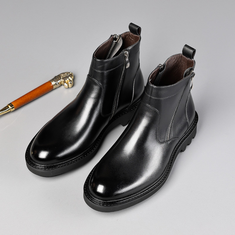 W inverno masculino zíper botas curtas de couro genuíno sola grossa aumentando Martin botas de couro de alta qualidade v