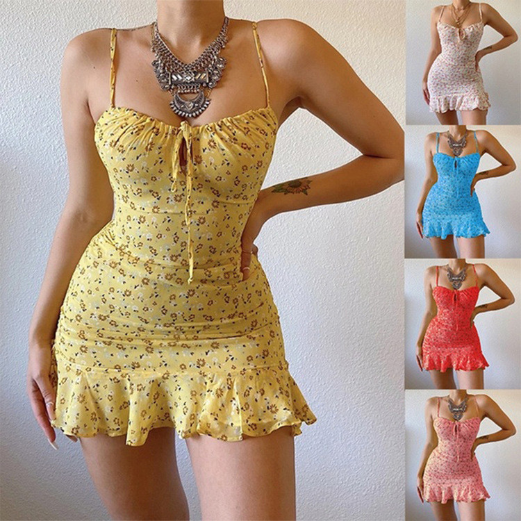 Vestido Feminino Sexy Floral Com Suspensório No Peito Vazado