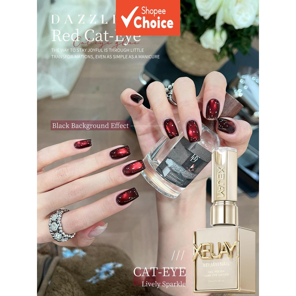 XEIJAYI 1 peça esmalte gel olho de gato vermelho vinho 15 ml, gel magnético para unhas na cor rubi vermelho super
