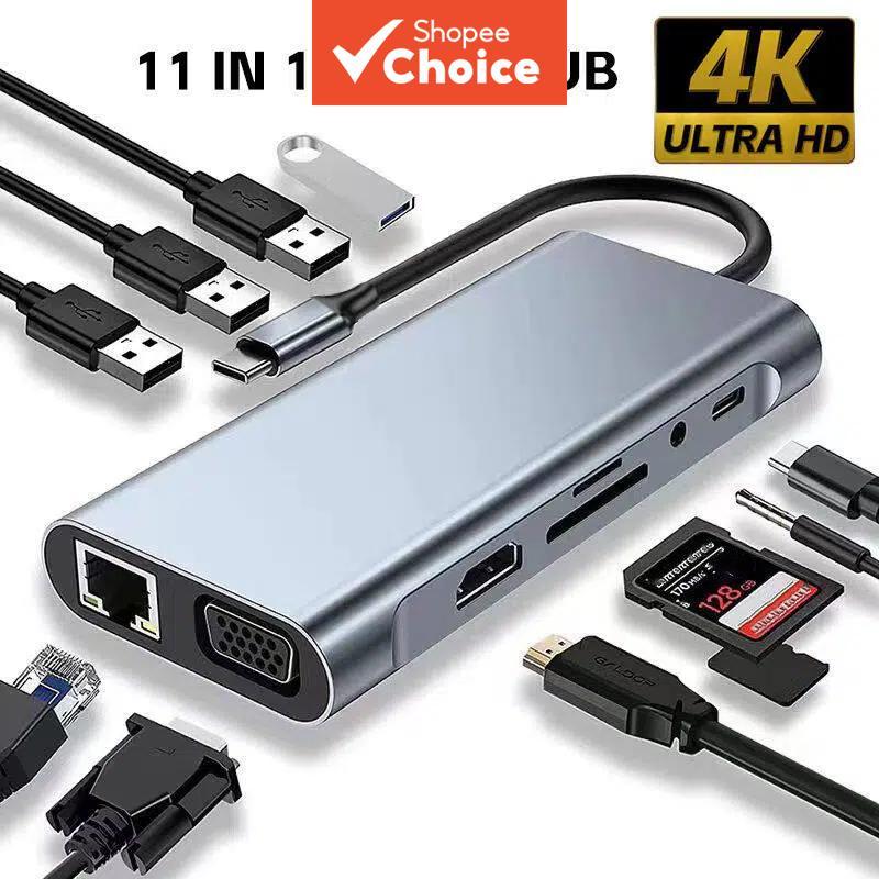 Adaptador USB C Hub 11 em 1 com HDMI 4K/VGA/USB C PD/RJ45/leitor de cartão SD/TF para MacBooks