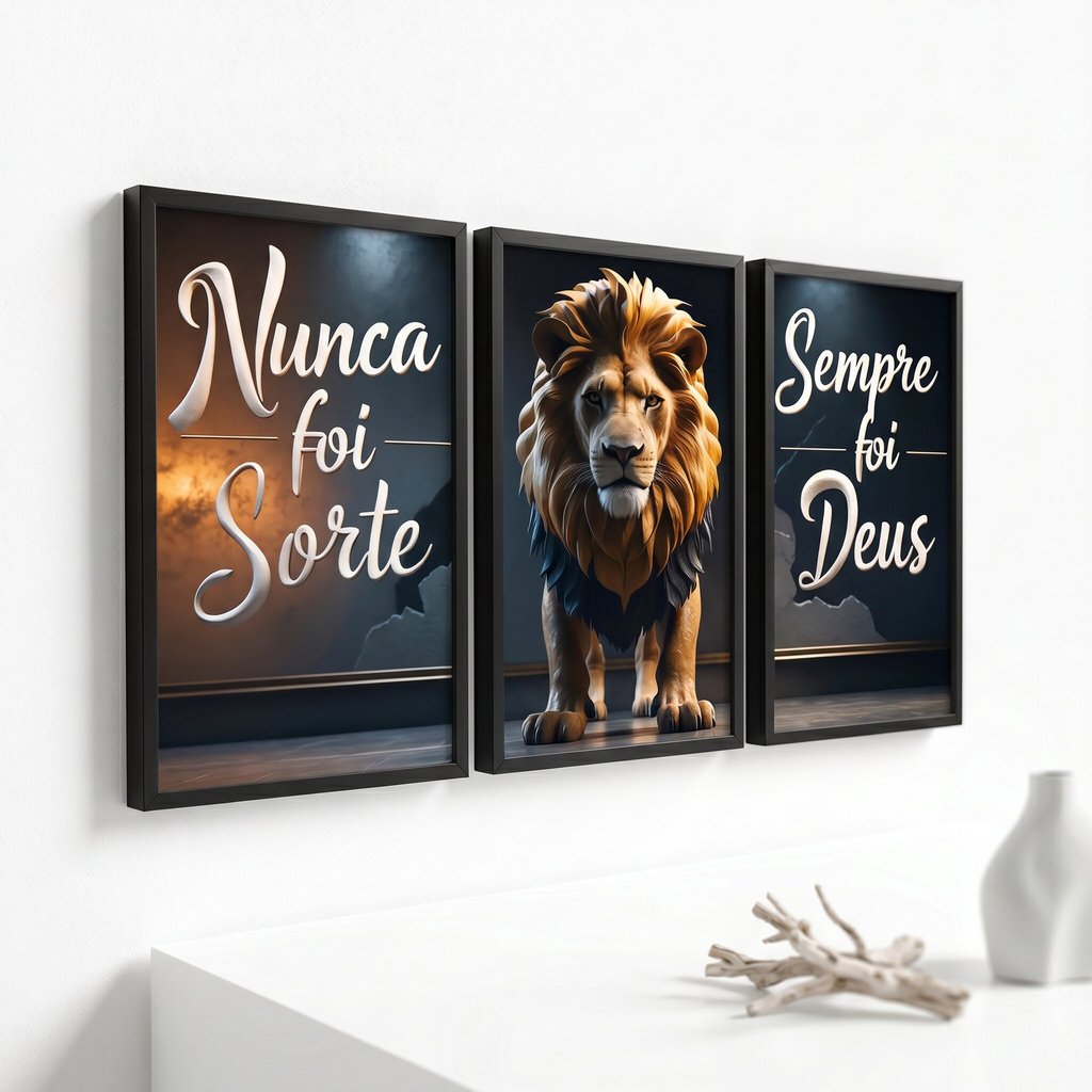 Quadros Decorativo Arte Cristã Leão Majestoso Nunca Foi Sorte Sempre Foi Deus Frase Religiosa Sala Quarto