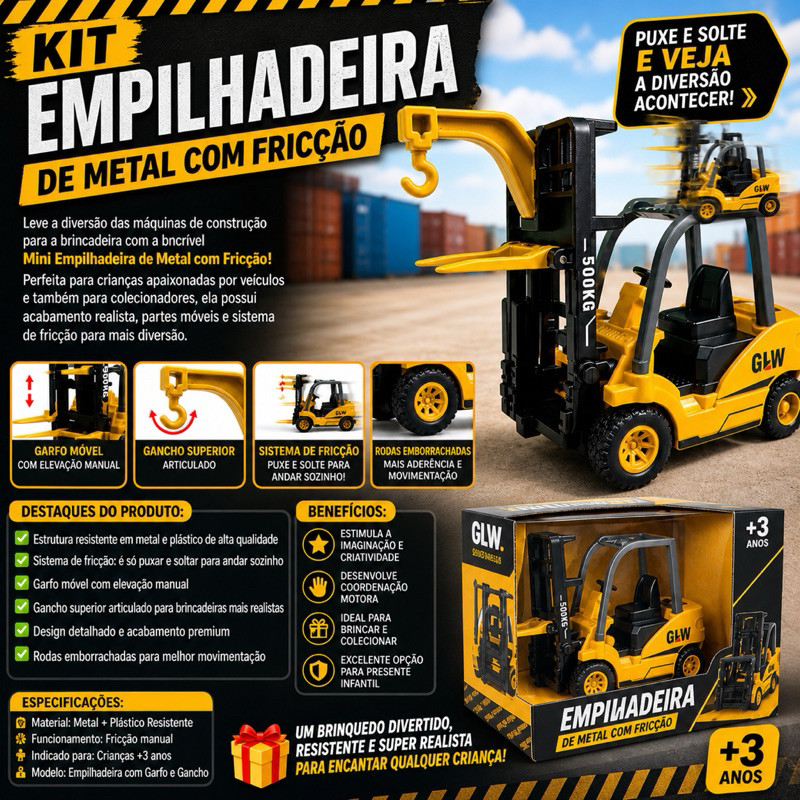 kit 4 ou 8 Miniatura Empilhadeira de Metal com Fricção – Carrinho de Brinquedo Realista 🚜✨