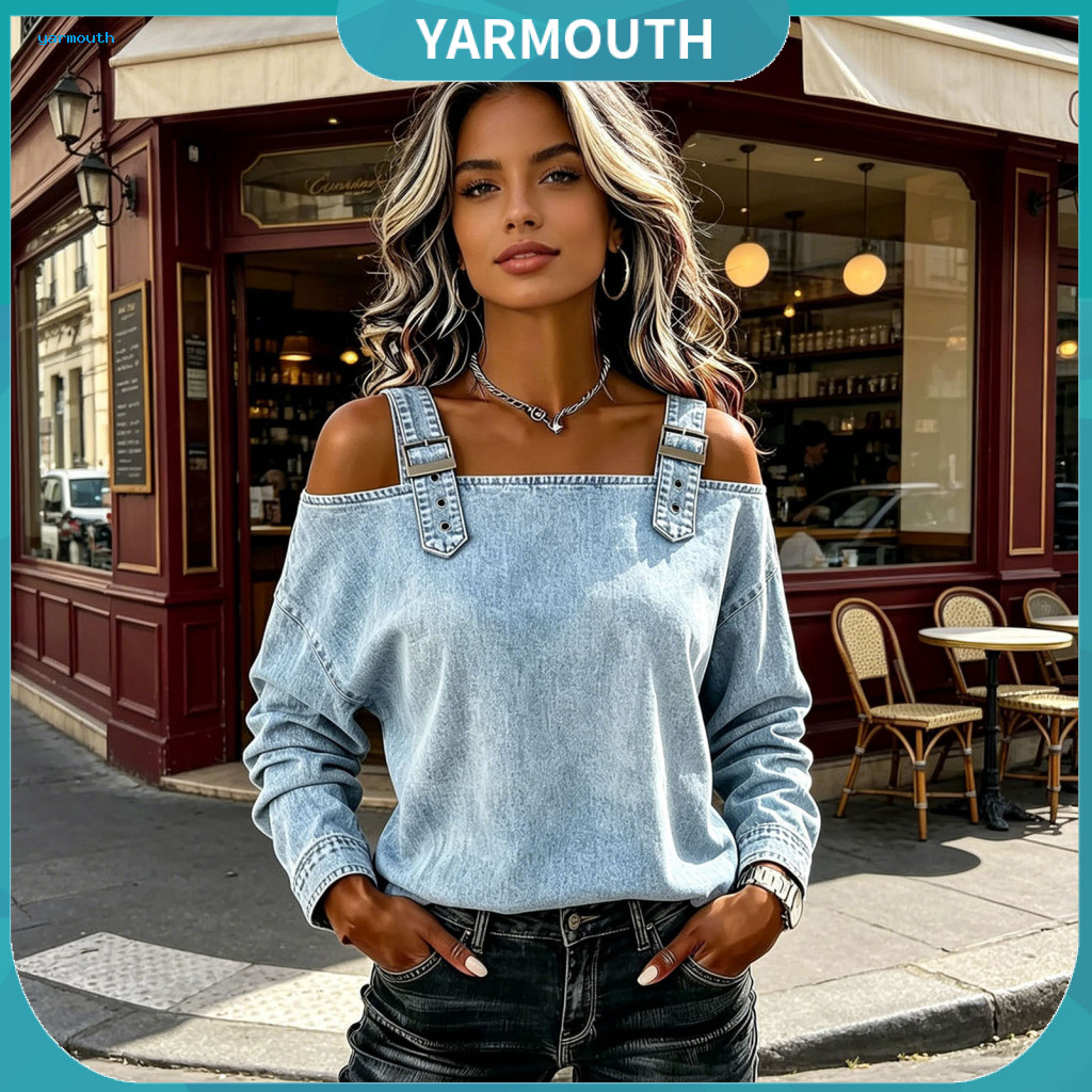 Women Festival Outfit Denim Tops Women’s Off-shoulder Long Sleeve Shirt with Adjustable Straps Pure Color Pullover Top