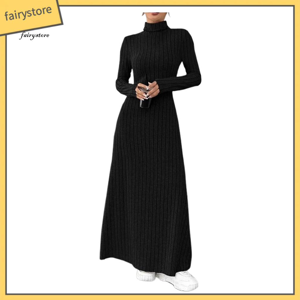 Long-sleeve Solid Color Dress Women High-neck Women’s Sweater Long Sleeve High Neck Ribbed Knit A-line Pullover Tunic
