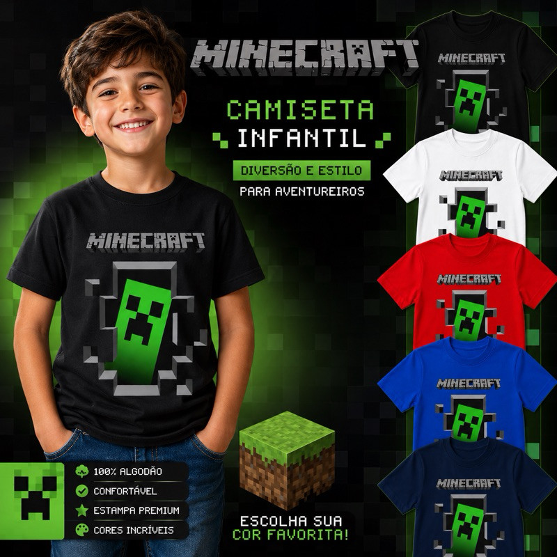 Camiseta Infantil Minecraft Creeper Gamer Infantil Estampa Premium Menino Menina Algodão