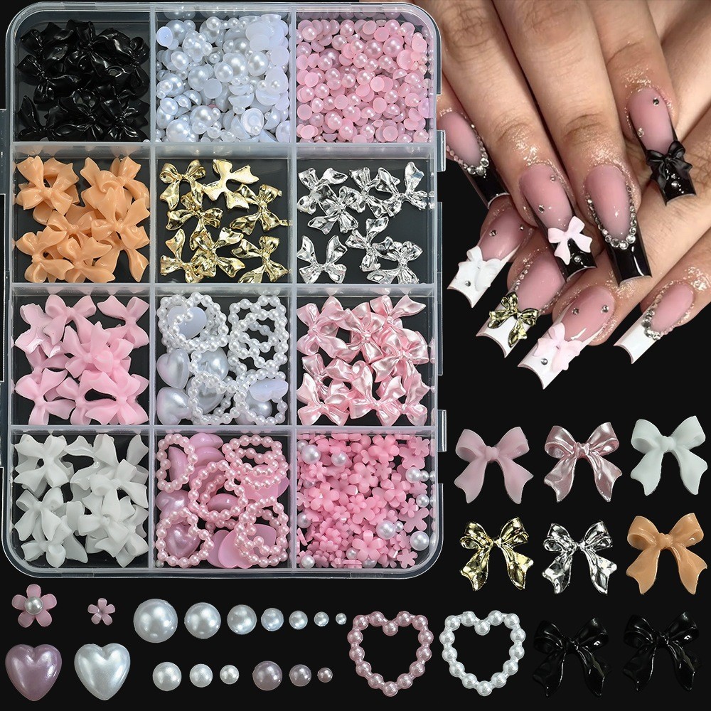 Caixa c/12 Grades Nail Art Laços 3D Pérolas Strass Decoração Unhas Gel Fibra Alongamento Manicure DIY