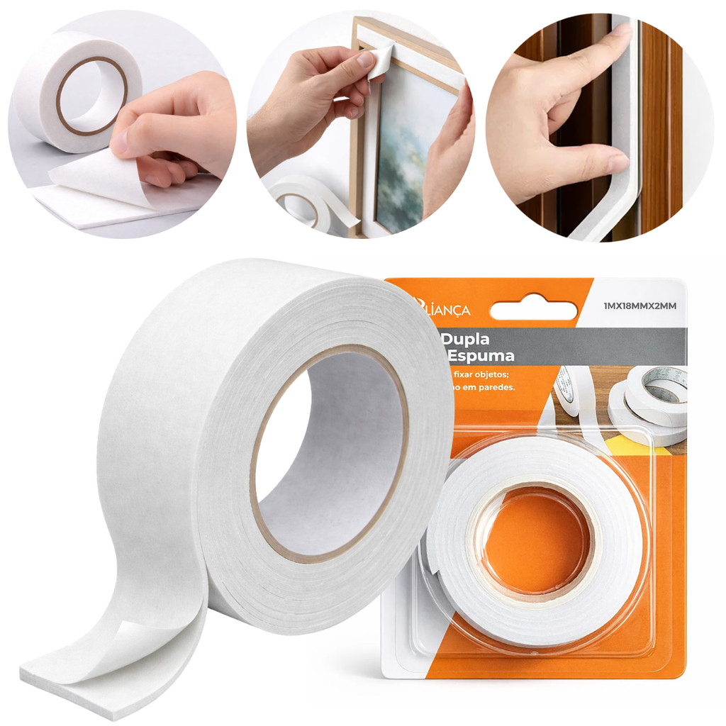 Fita Dupla Face Espuma Branca 18mm x 1m Alta Fixação
