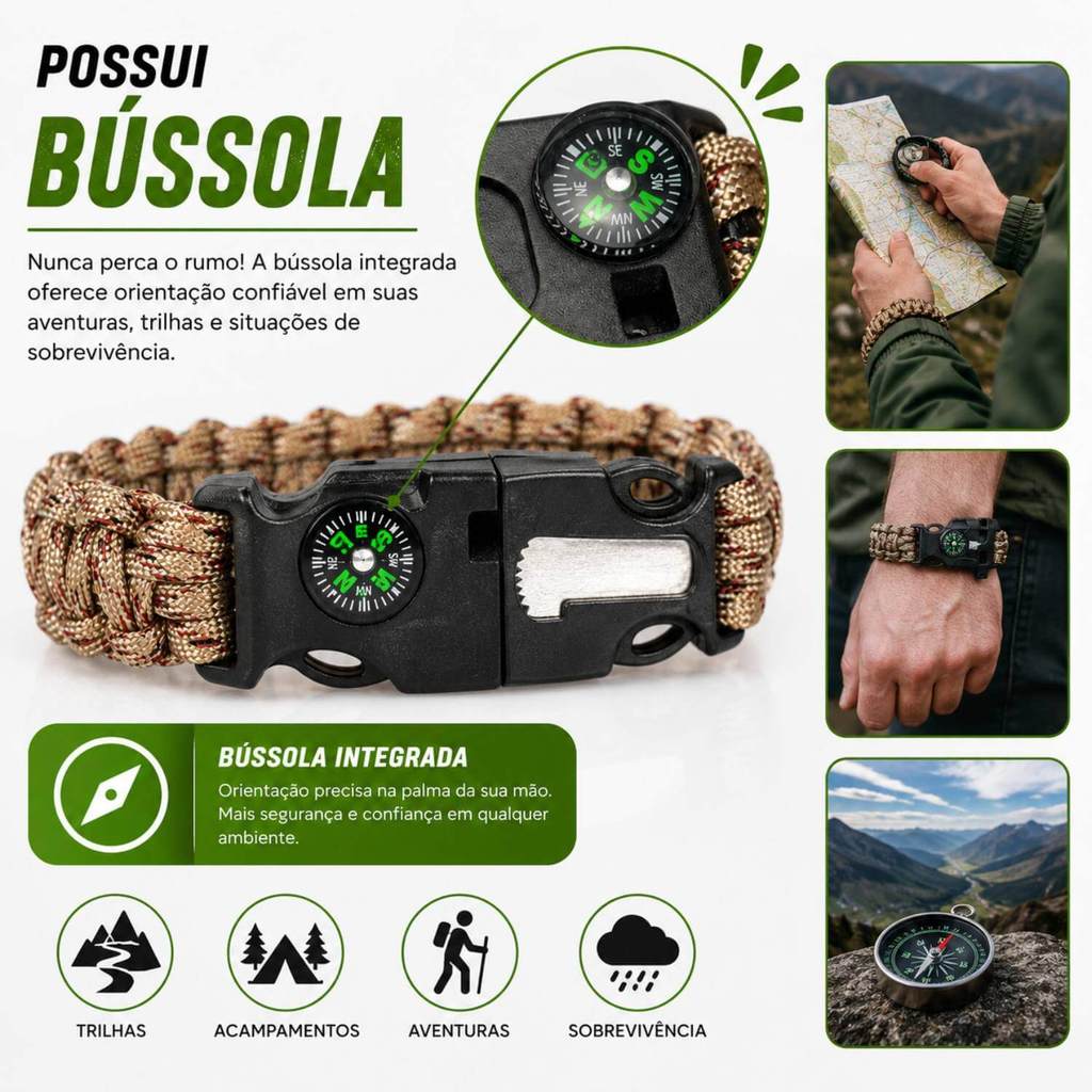 Pulseira de Sobrevivência Paracord com Bússola Apito e Pederneira