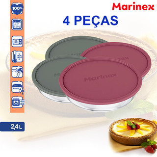Kit Jogo 4 Forma Assadeira Marinex Redonda 2,4L com Tampa  Cores Sortidas Vidro Temperado Forno