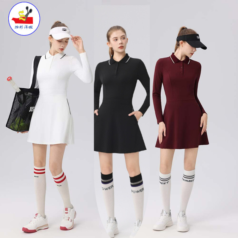 WSX Camisa de tênis feminina de manga comprida, vestido polo com gola canelada, bolsos laterais, corte justo, aparência