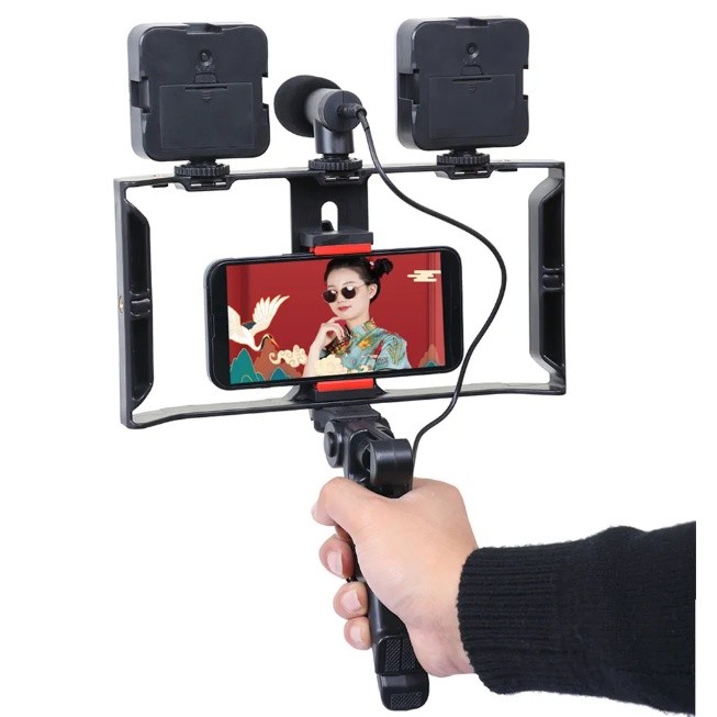 Kit Produção de Vídeo Suporte Gaiola de Coelho + Tripé Móvel para Celular e Câmera
