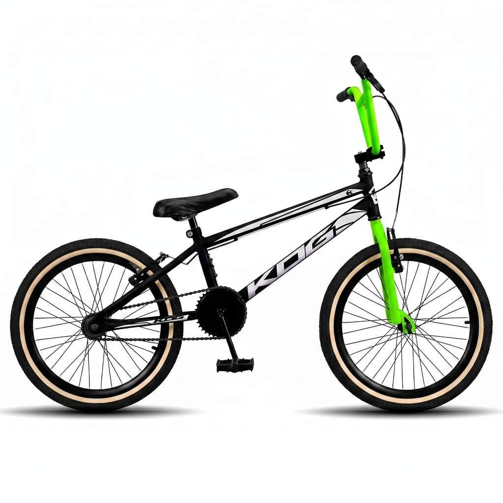Bicicleta BMX Aro 20 Infantil KOG Freestyle Para Meninos - Preto com Branco Pneus Faixa Bege