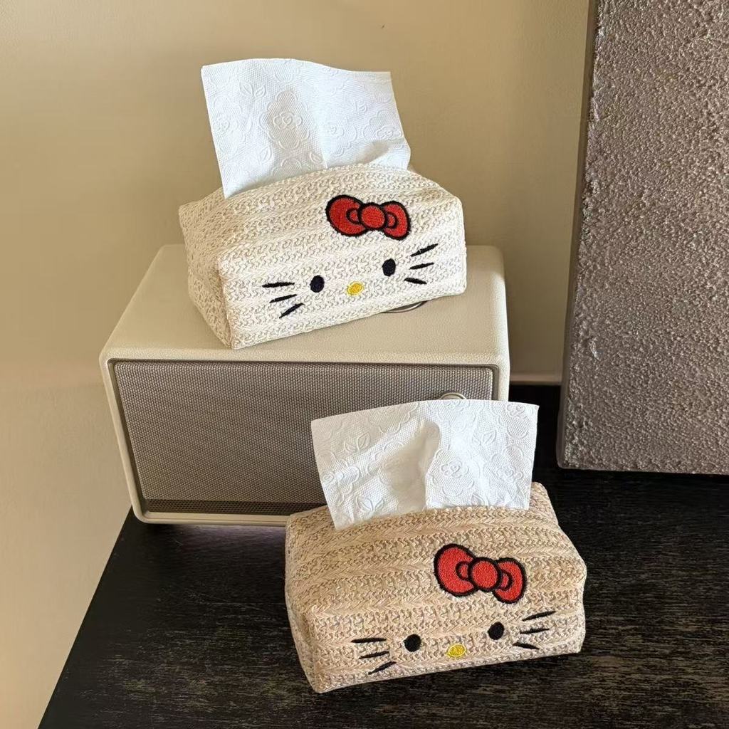 2026 Nova Caixa de Lenços de Papel Hello Kitty em Palha Trançada, Simples e Elegante, Caixa de Armazenamento de Lenços d