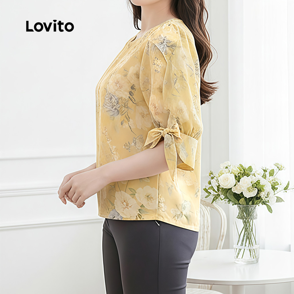 Lovito Blusa Elegante com Flores e Laço Frontal em Textura Blusa Amarela Clara para Mulheres Primavera/Verão LK6ED781 · foto 2