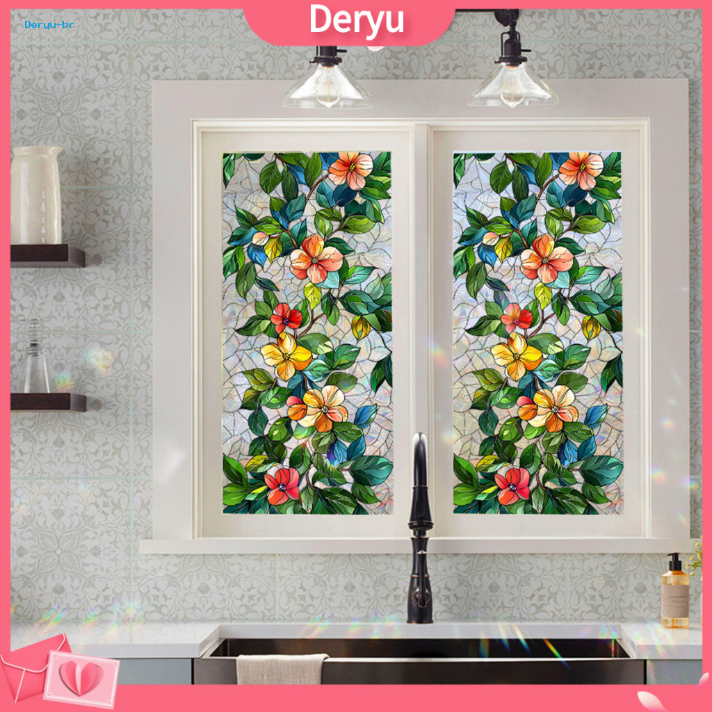 Window Sticker Translucent Repositionable Rainbow Privacy Film Colorful Stained Glass Flower Plant Design Non-adhesive R