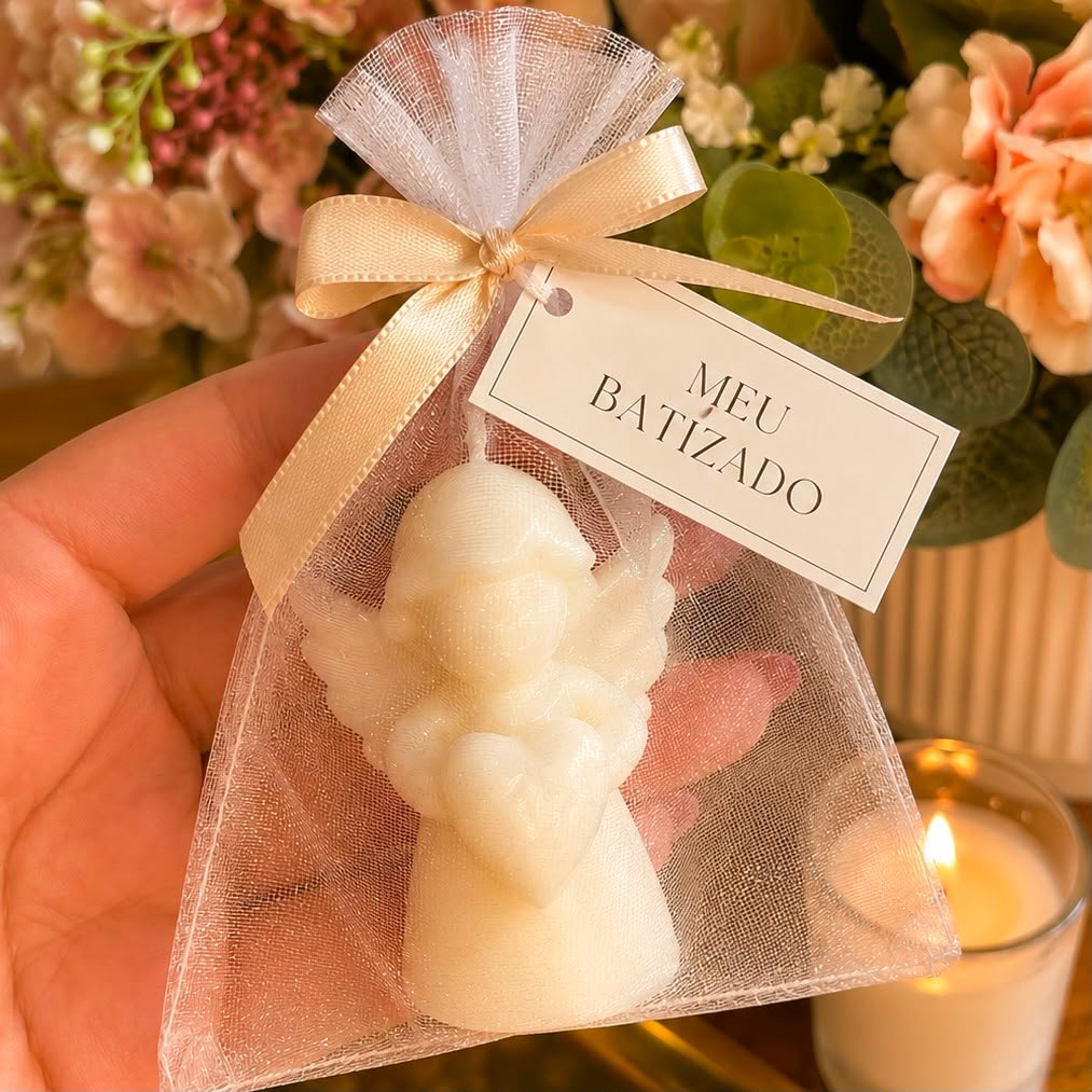 Kit 10 Lembrancinhas Batizado Maternidade Vela Anjinho Aromática Personalizada Tag, Laço Sofisticado