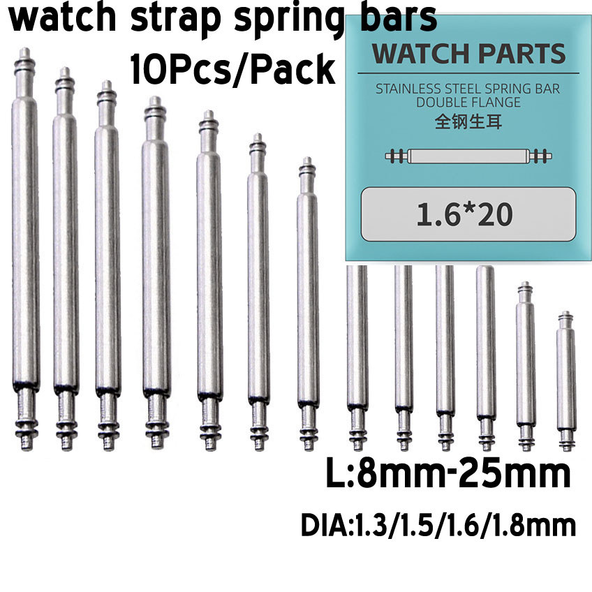 10 Pçs De Aço Inoxidável Pulseira De Relógio Pinos De Mola 8mm-25mm Barras De Metal Cinta Link Ferramenta De Reparo 1.3/
