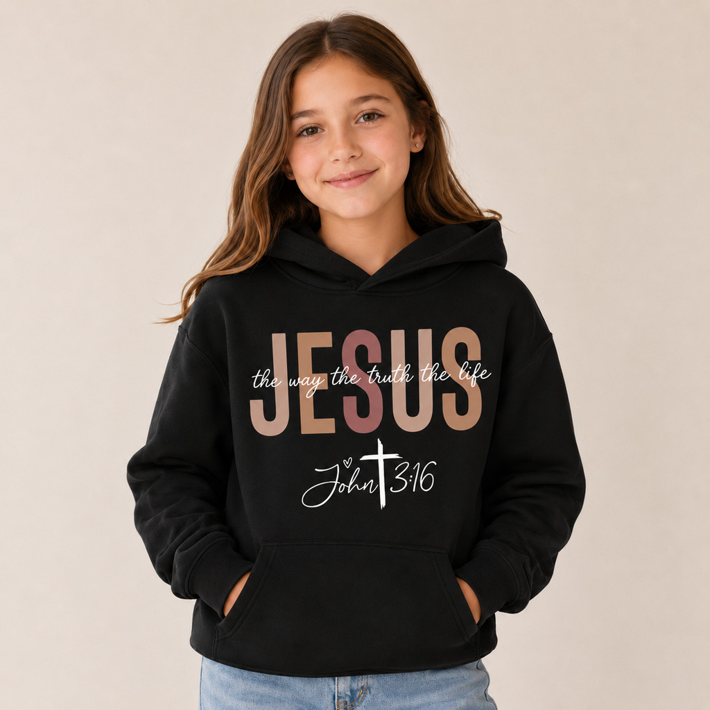 Moletom Infantil Feminino Jesus João 3:16 Com Capuz Estampado Cristão Inverno para Frio Presente Menina Menino Unissex