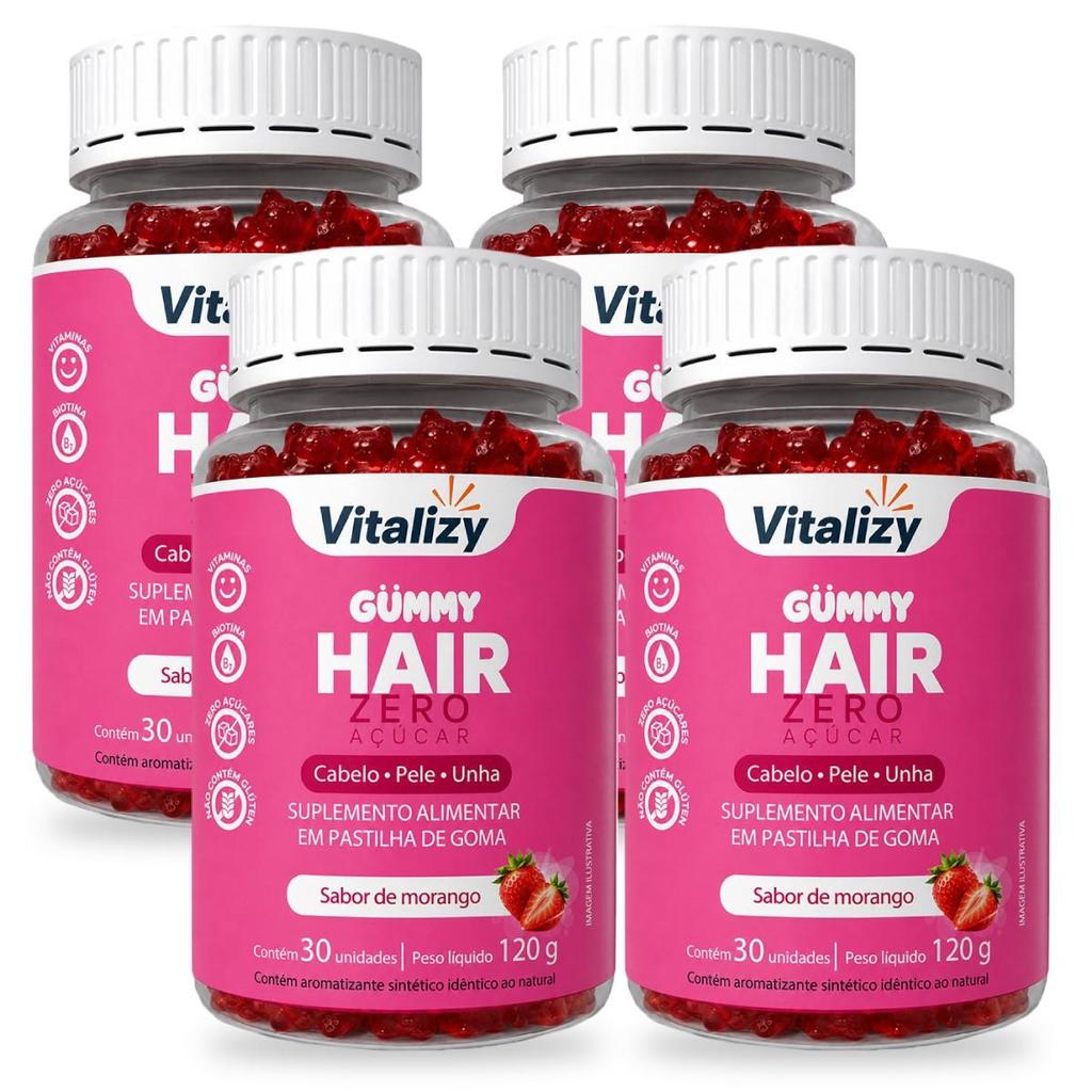 Kit 4x30 Gomas Gummy Hair Vitamina Cabelo Pele Unhas Biotina Crescimento Capilar Morango Zero Açúcar Vitalizy Original