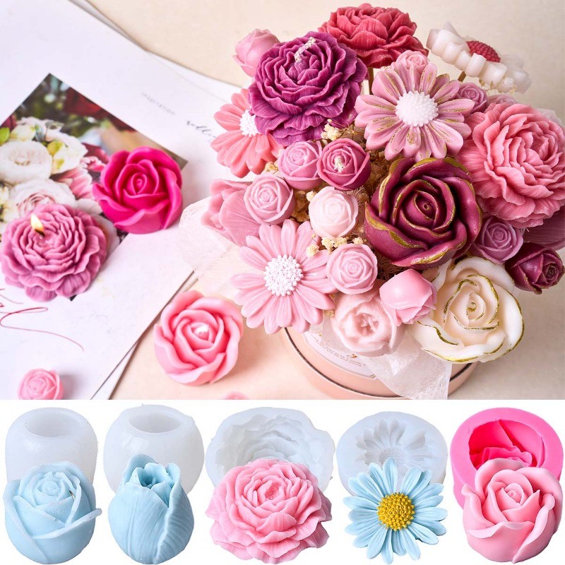 3D Peônia Rosa Tulipa Flor Floral Molde De Silicone Para Velas Perfumadas Gesso Buquê DIY Decoração Do Dia Dos Namorados