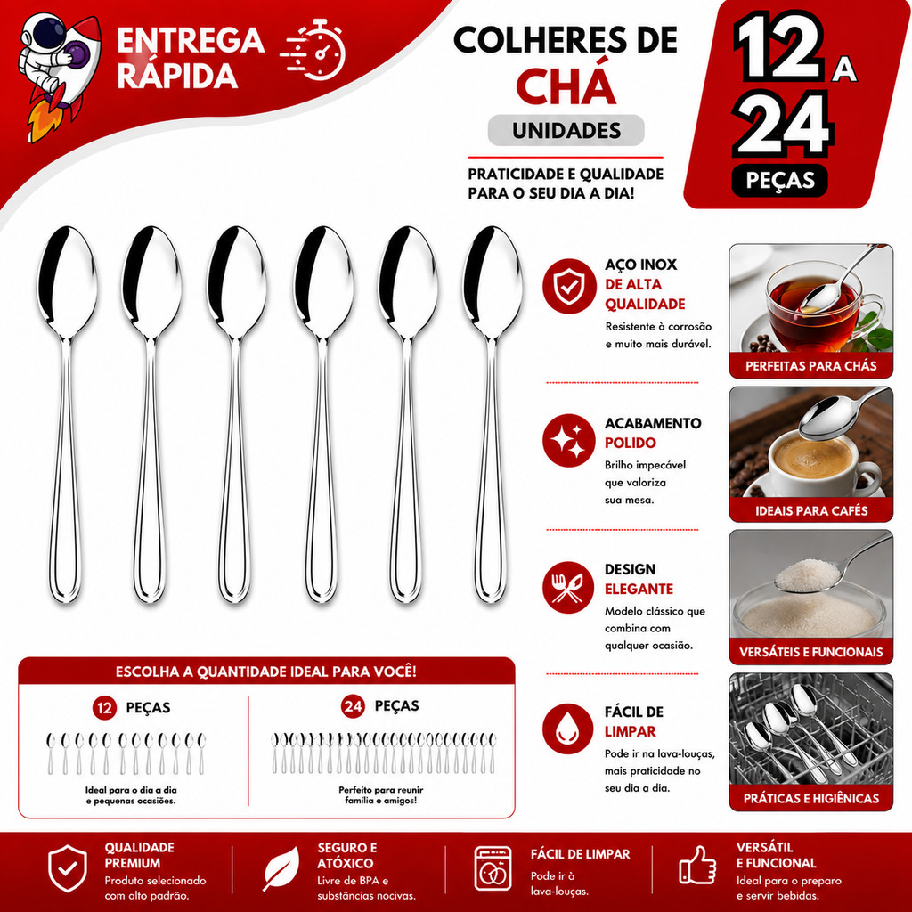 Kit 24 Colheres de Chá Inox Café Sobremesa Premium