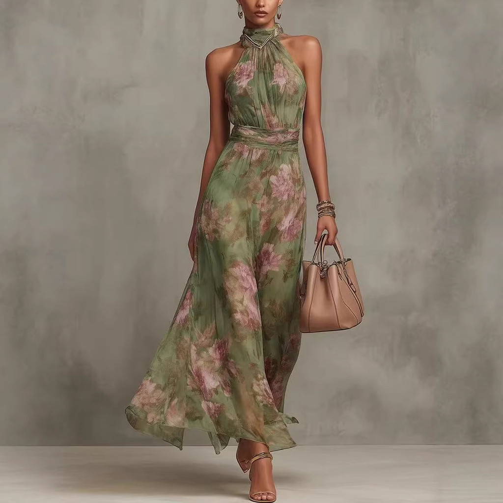 Saia Longa Estampada Com Pescoço Pendurado Para Férias Estilo Cintura Cinching E Vestido Emagrecedor Mulheres