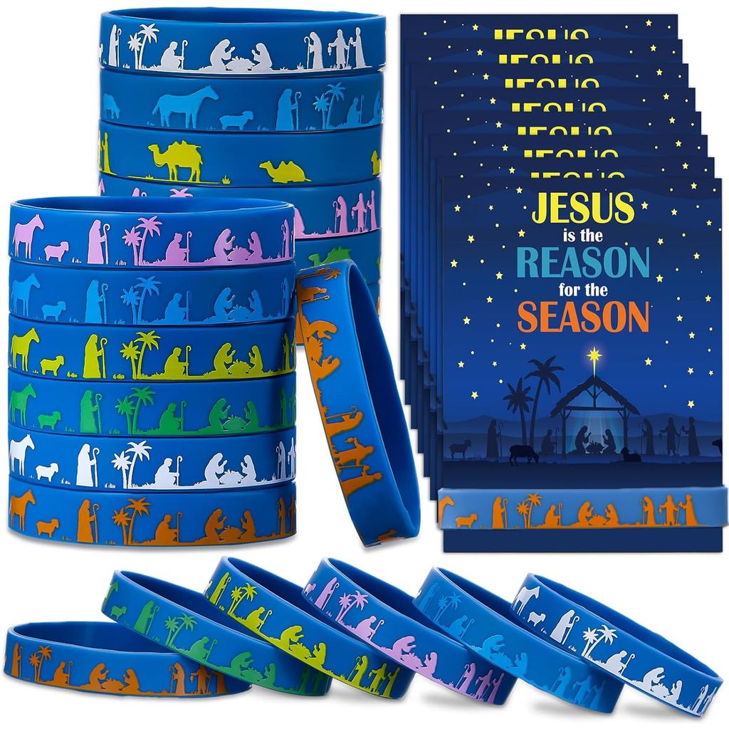 60 Pcs/30 Sets Christmas Nativity Silicone Wristbands with Cards Include 30 Jesus Is The Reason For The Season Cards 30