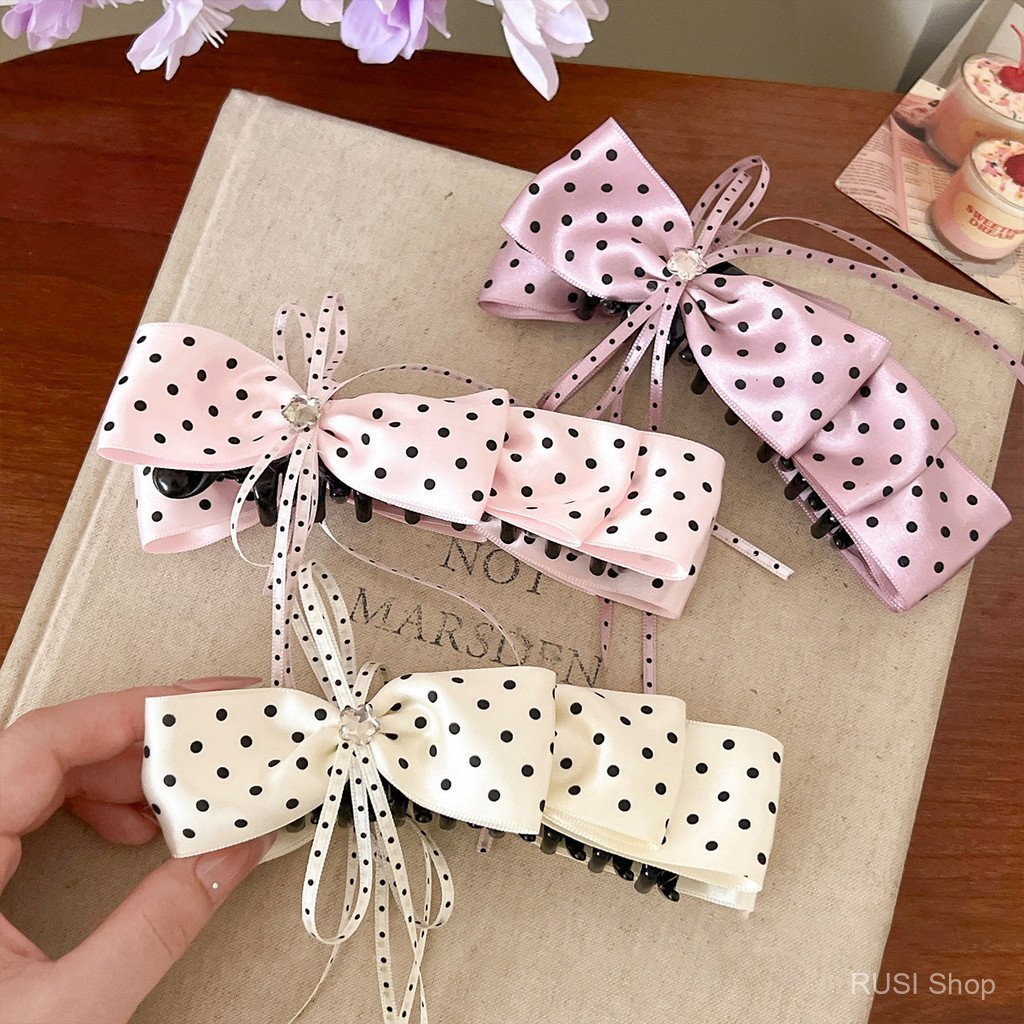 Presilha de Cabelo em Forma de Coração com Bolinhas e Laço para Meninas, Presilha Elegante para Coque Meio-Altura, Presi