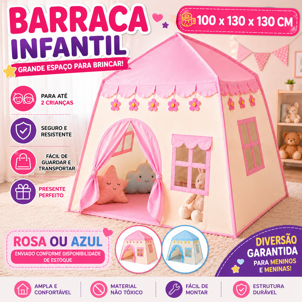 Imagem Barraca Infantil Casinha Dobrável Menino Menina Grande 100x130x130cm