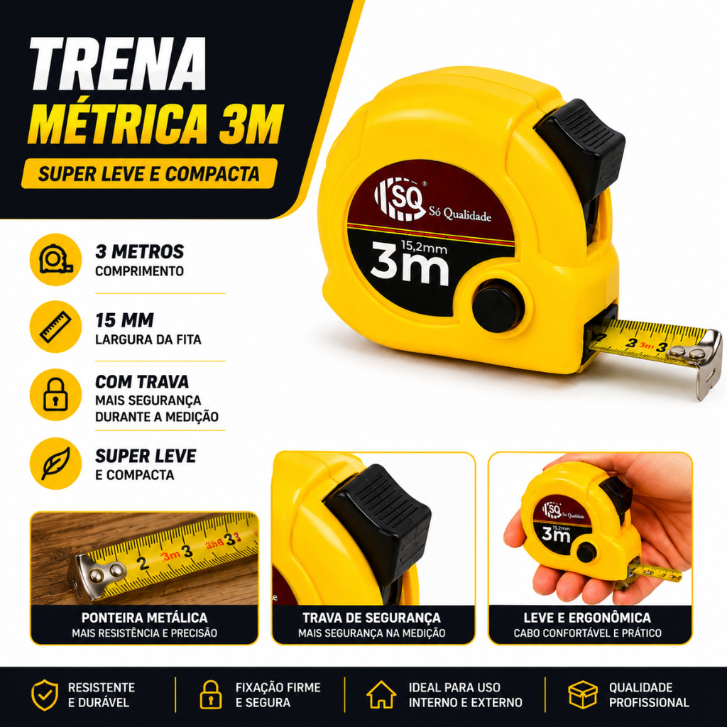 Trena Profissional 3 Metros Fita 15mm Compacta Para Construção E Marcenaria