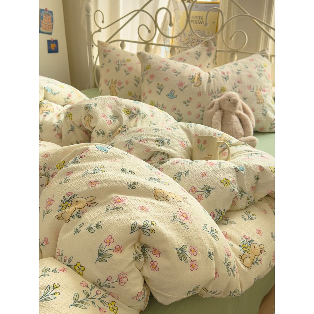Lençol pequeno Floral ins conjunto de quatro peças lençol estilo lavado algodão macio capa de edredão dormitório único c