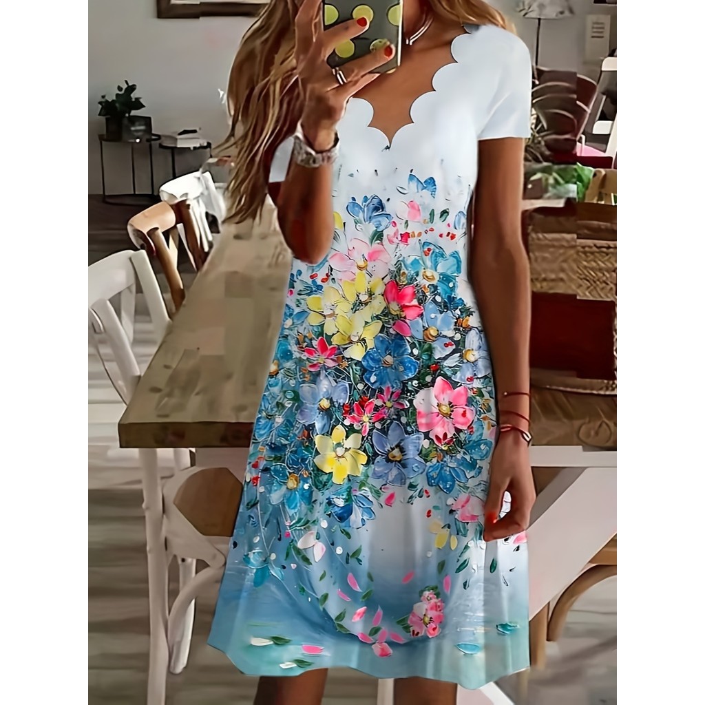 Cross-Border europa AliExpress verão novos produtos Digital impresso com decote em V moda vestido de manga curta saia mé