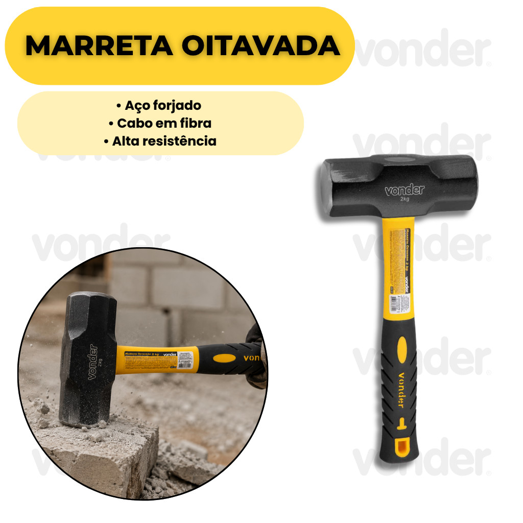 Marreta Oitavada 2kg Vonder Cabo Fibra Emborrachado Aço Forjado Construção Civil Resistente Forte