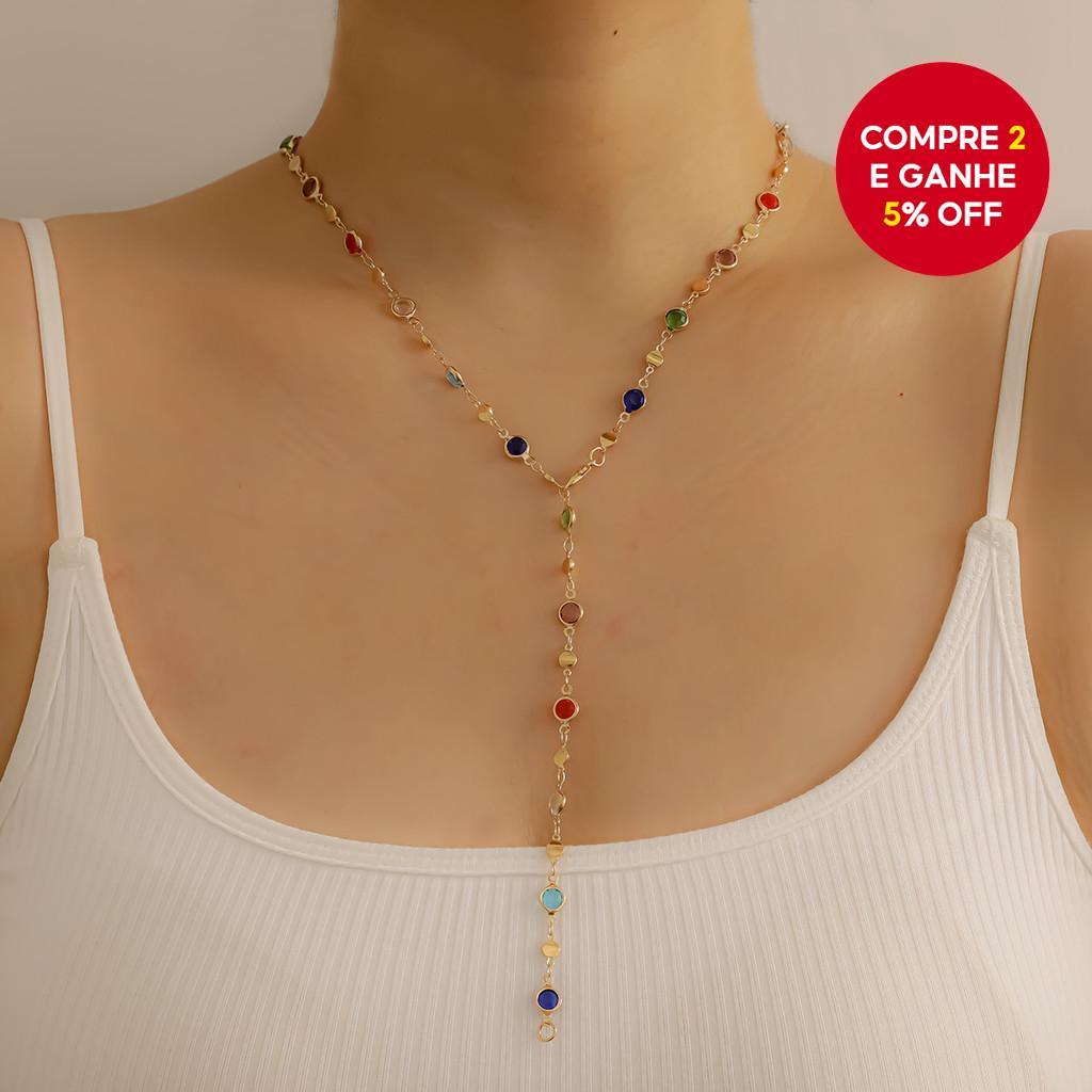Novo Colar Feminino com Pêndulo Redondo Colorido, Corrente em Y, Acessório Longo Versátil para Festas e Eventos.