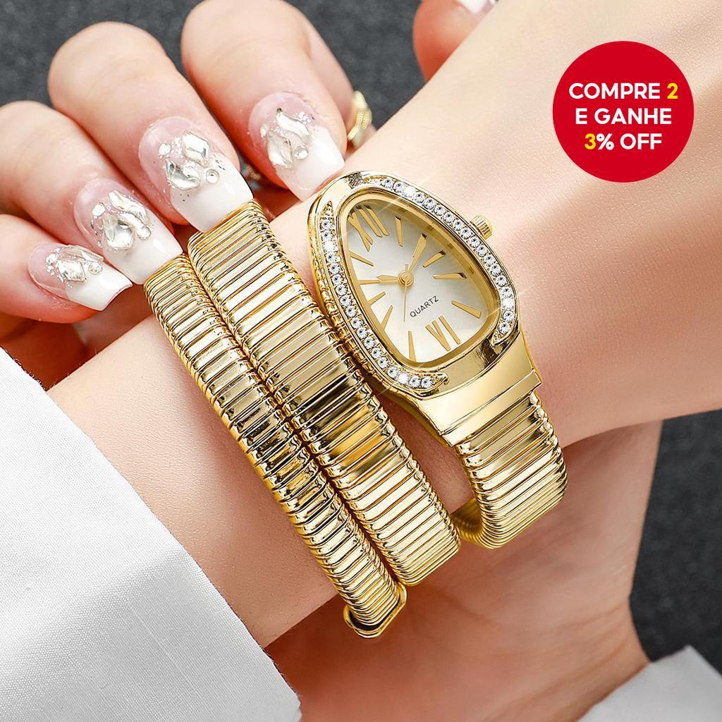 Pulseira de moda em forma de cobra com strass, relógio de pulso de quartzo para mulheres, relógio de senhora com