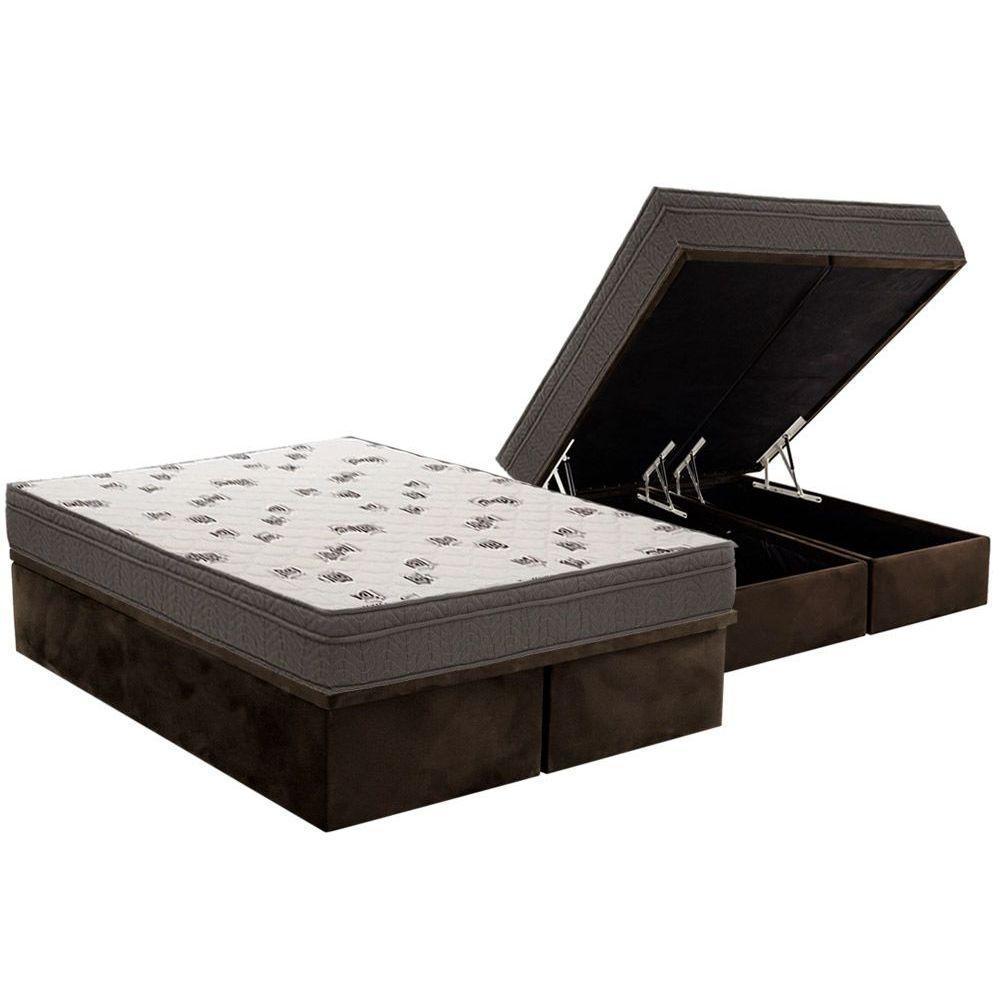 Cama Box Baú Queen: Colchão Espuma Ortobom D45 Light + Base CRC Suede Brown(158x198)