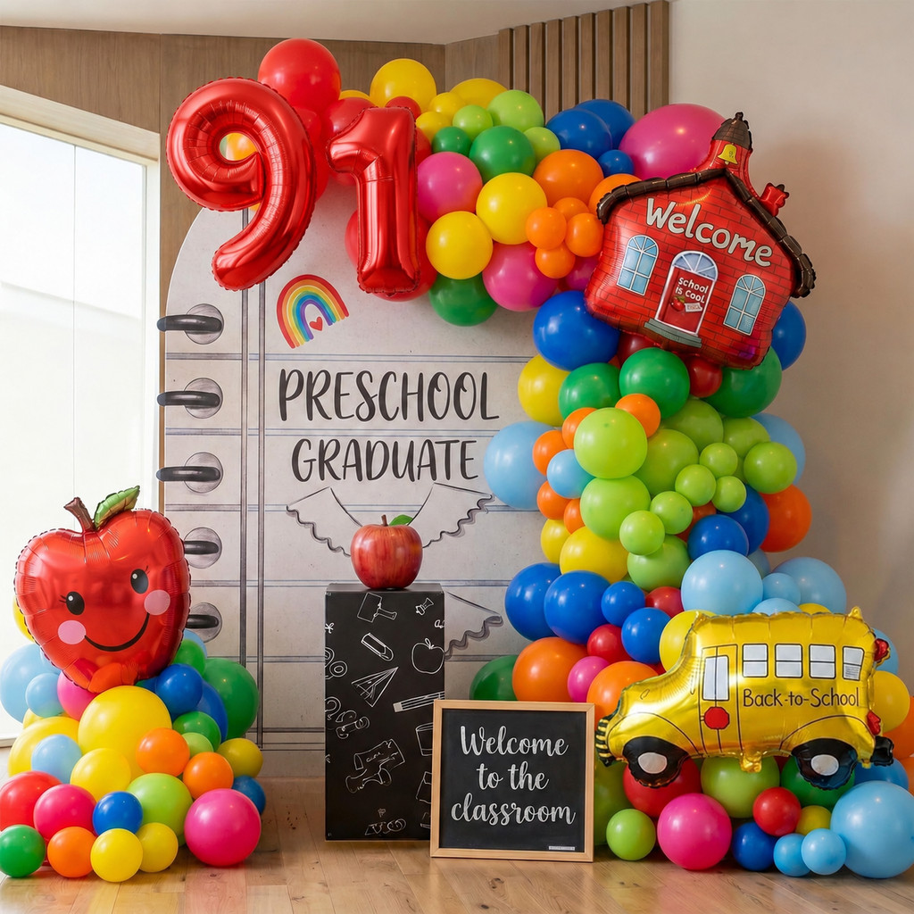 Novo estilo temporada escolar tema ônibus escolar cerimônia festa de aniversário decoração escolar número balão
